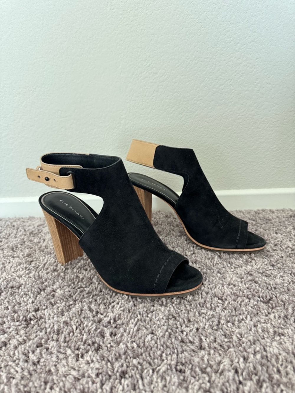 Elie Tahari Black Suede Open-Toe Block Heel Sandals